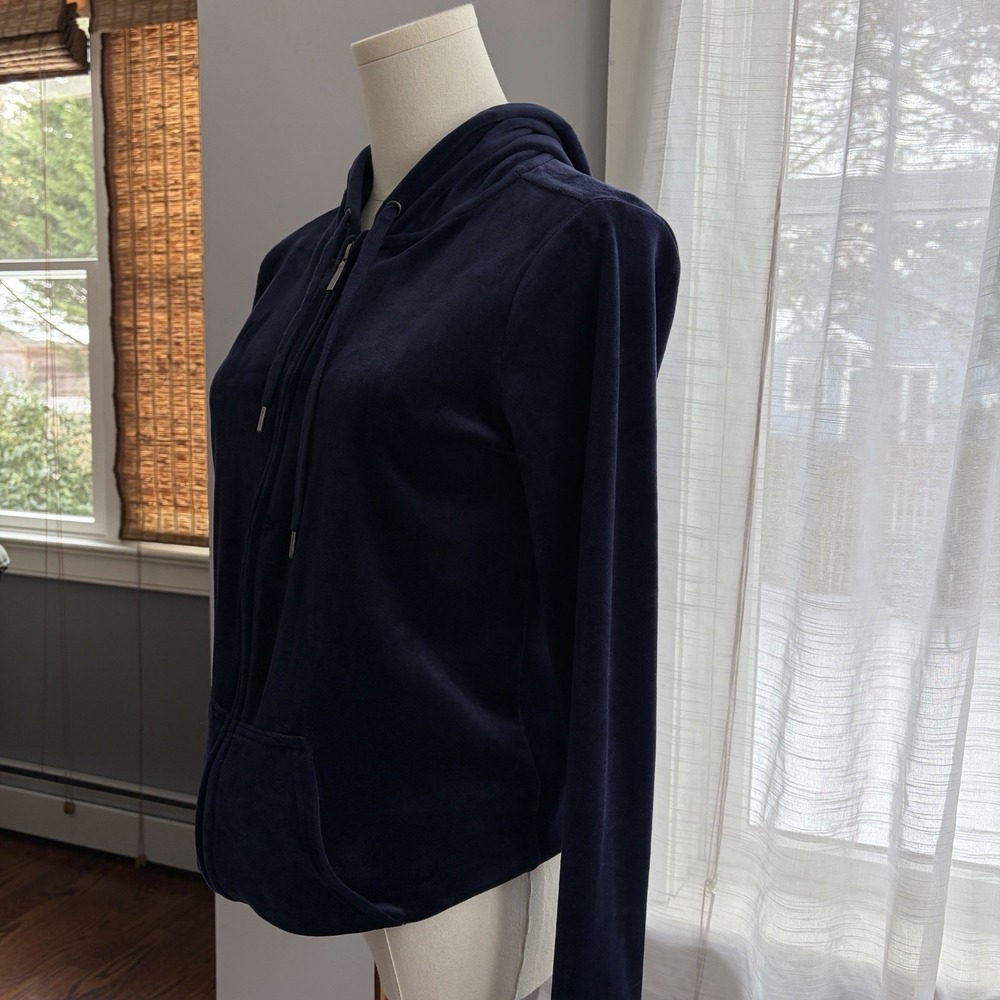 Women's Navy Blue Velvet Velour Hoodie Sz S Full Zip Sweatshirt Track Jacket - Picture 6 of 16